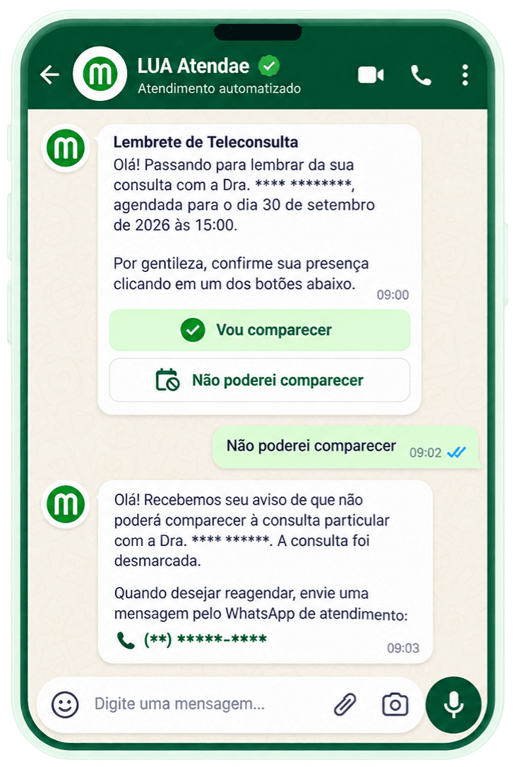 Conversa de WhatsApp: a automação manda um lembrete de teleconsulta com botões de confirmação, o paciente responde que não poderia comparecer e o atendimento confirma o desmarcamento e oferece o número para reagendar.